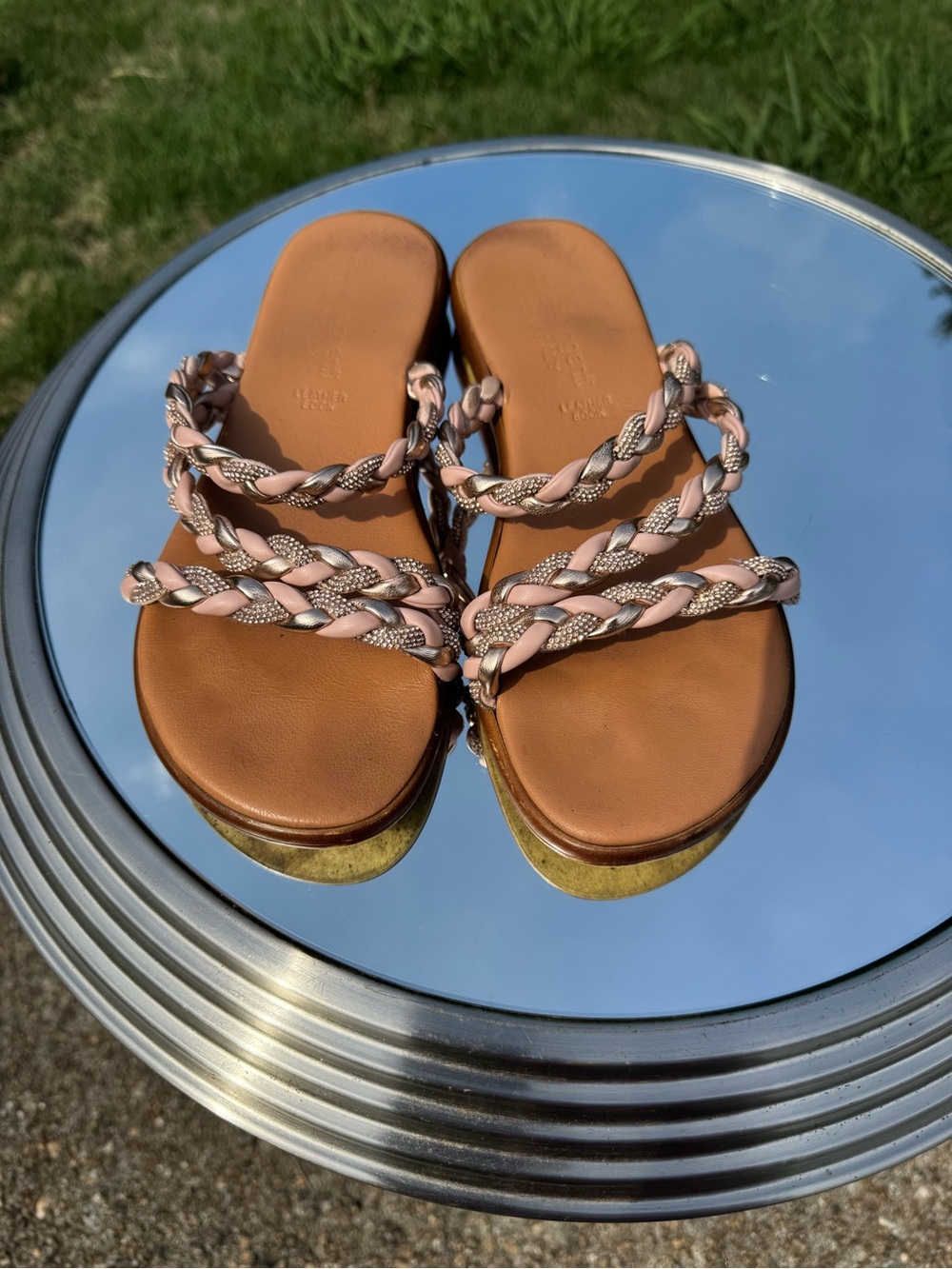 Braided Triple-Strap Slide Sandals in Tan and Blush